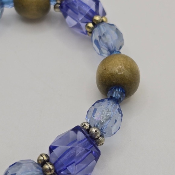 Vintage Stretch Blue and Wooden‎ Beaded Bracelet Womens Fashion Jewelry - Picture 3 of 7